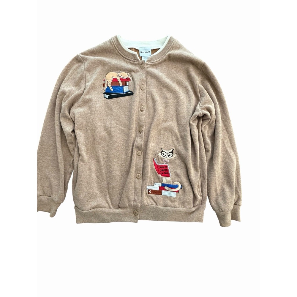 Bon Worth Cardigan Sweater Medium Cats Embroidered Library Books Pockets #IJ11-1